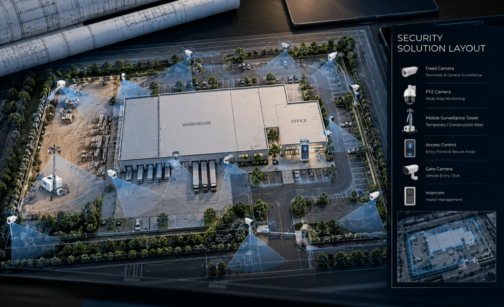 Aerial site plan showing security camera coverage, access control and a mobile camera tower around a commercial building